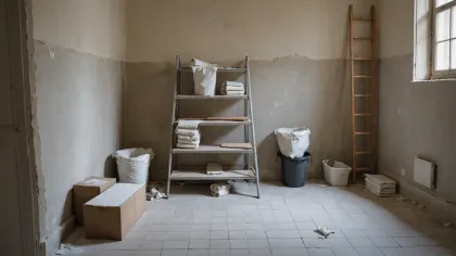 Chantier de salle de bains à l'arrêt, carrelage empilé au sol et murs au plâtre nu, éclairé par la lumière d'une fenêtre