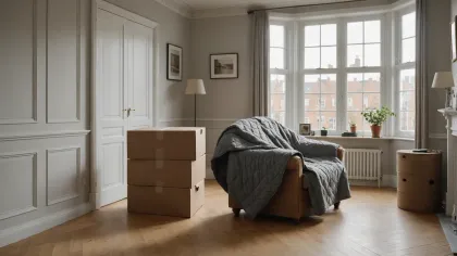 Cartons empilés et fauteuil emmailloté dans une couverture de déménagement grise, dans un salon vide aux hautes fenêtres
