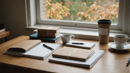 Dossiers cartonnés fermés et bloc-notes posés sur une table en bois clair, près d'une fenêtre, dans un bureau de particulier
