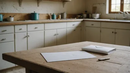 Enveloppe et feuille blanches sans inscription, avec un stylo, sur une vieille table en bois dans une cuisine aux murs d'enduit écaillé